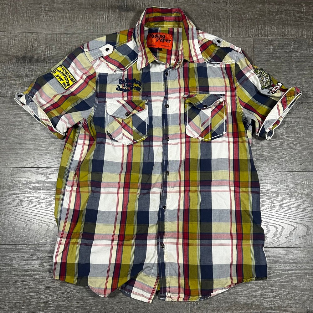 Rolling Paper Mens XL Short Sleeve Plaid Snap Button Shirt Patches Epaulettes